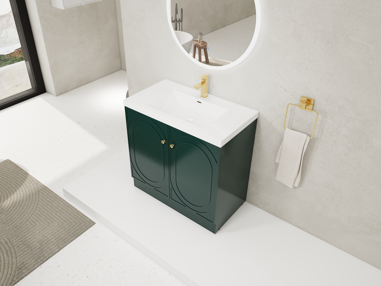 36inch Plywood Freestanding Bathroom Vanity Cabinet Dark Green Resin Sink Basin