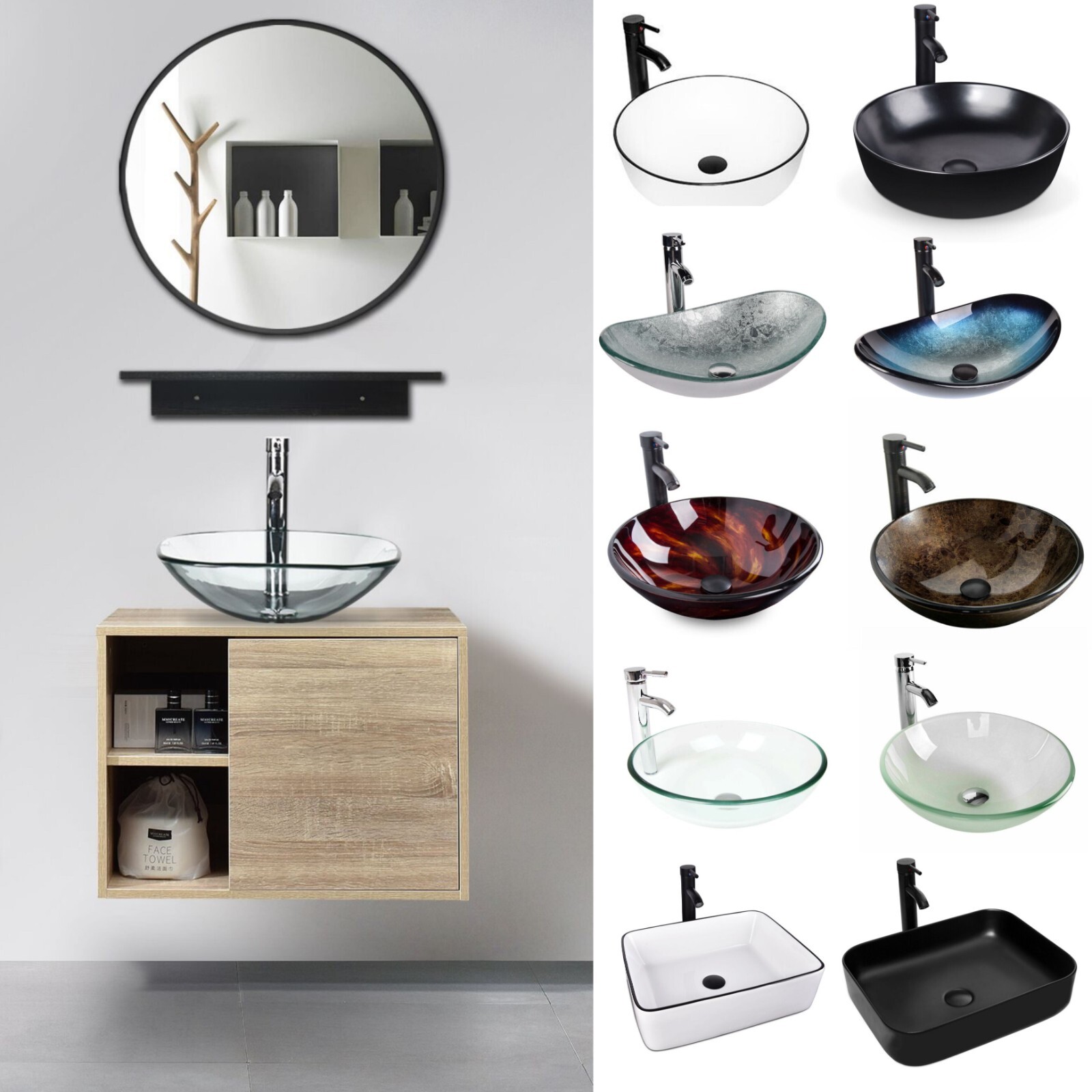 24 Inch Bathroom Vanity Set Wall Mounted Cabinet with/ Vessel Sink Mirror Shelf