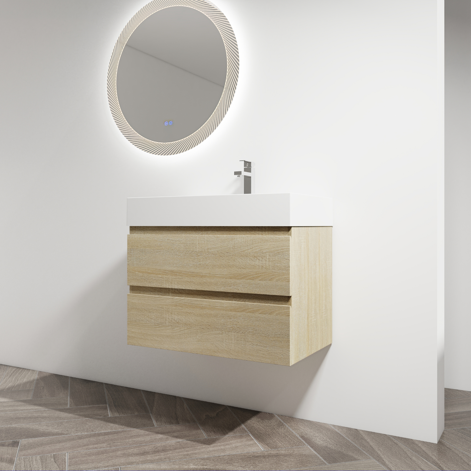 30″ Wood Wall-Mounted Bathroom Vanity Cabinet W/ Resin Sink 2 Drawers Light Oak