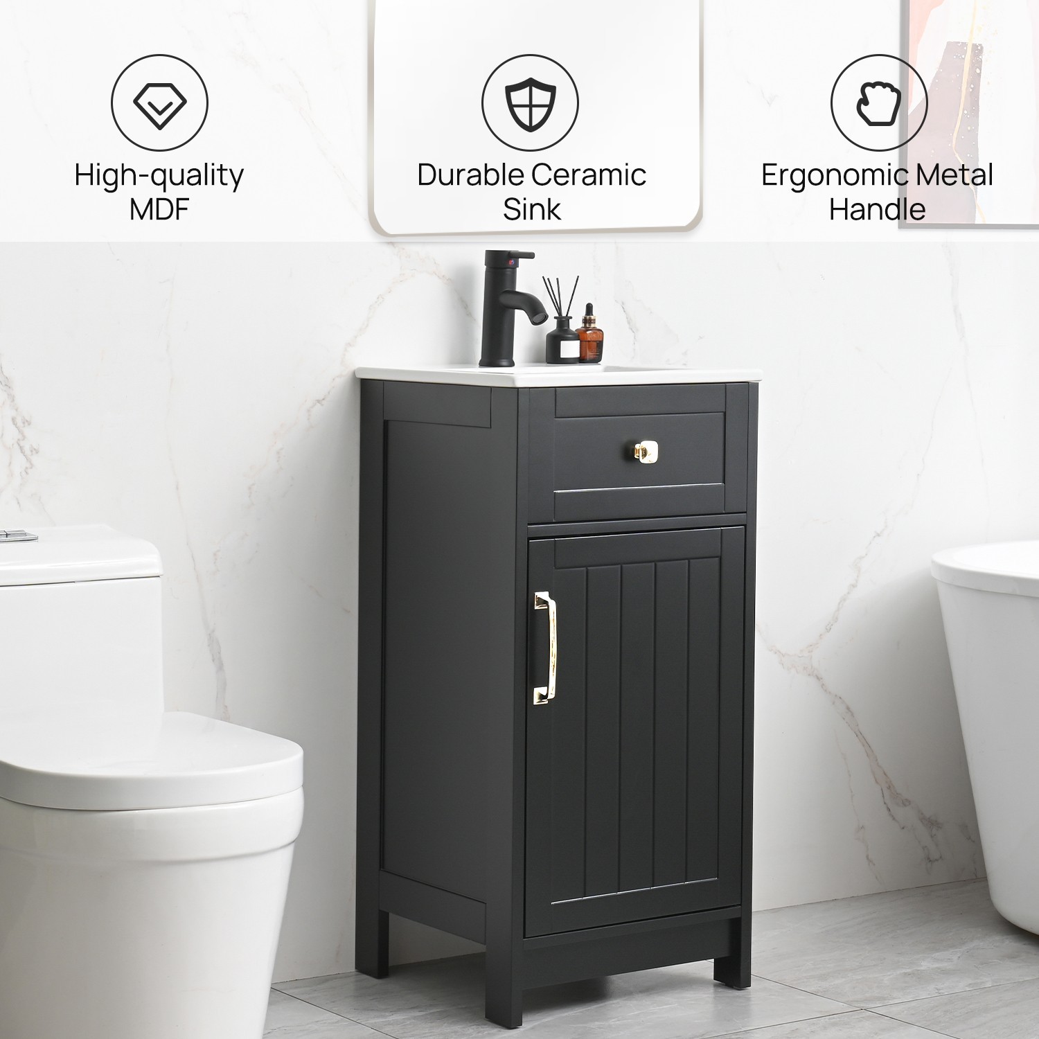 16″ Small Bathroom Vanity with Sink Cabinet Set Ceramic Sink Faucet &Drain Combo