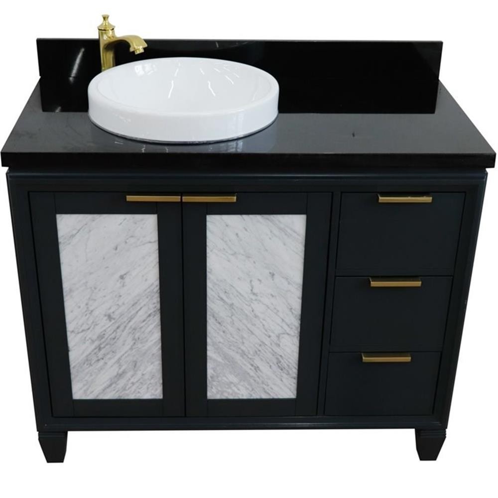 Pemberly Row 43″ Solid Wood Vanity with Left Round Sink in Gray/Black Galaxy