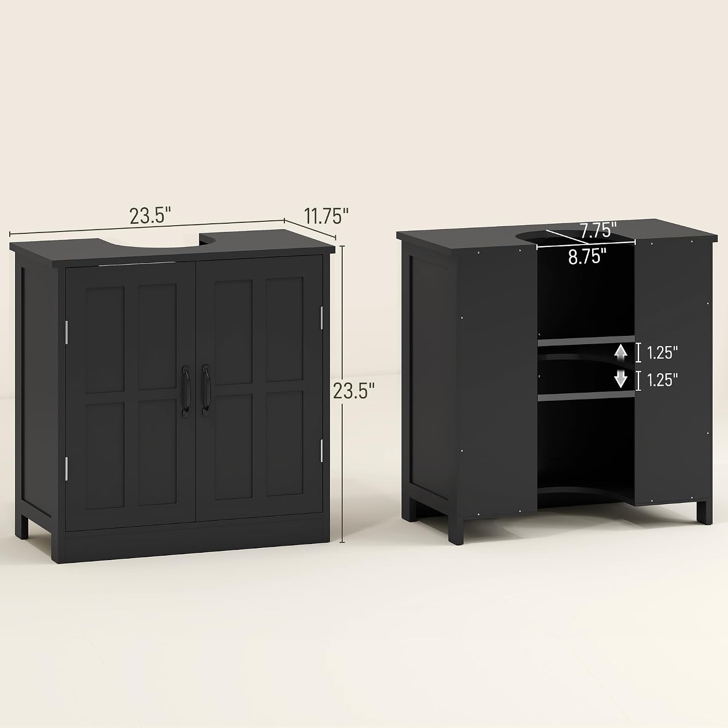 Pedestal Under Sink Storage Cabinet Black, Bathroom with U-Shape Cut-Out 2 Doors