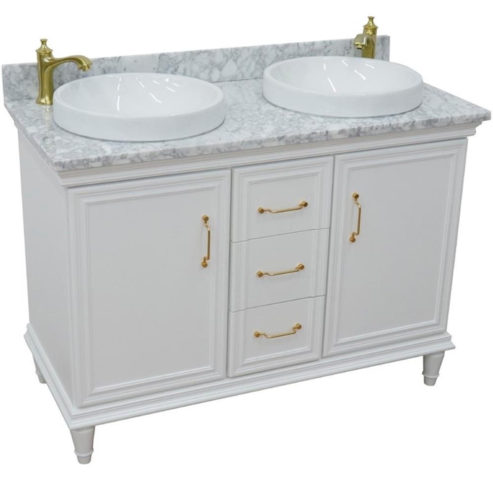 49 in. Double Wooden Vanity White with White Carrara Round Sink