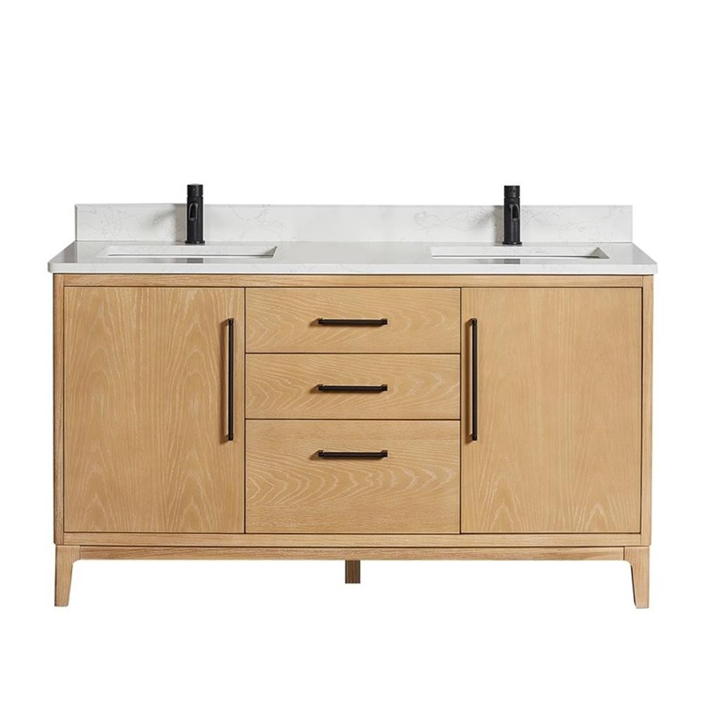 Gara 60M” Double Bath Vanity in Washed Ash Grey with White Grain Composite Stone