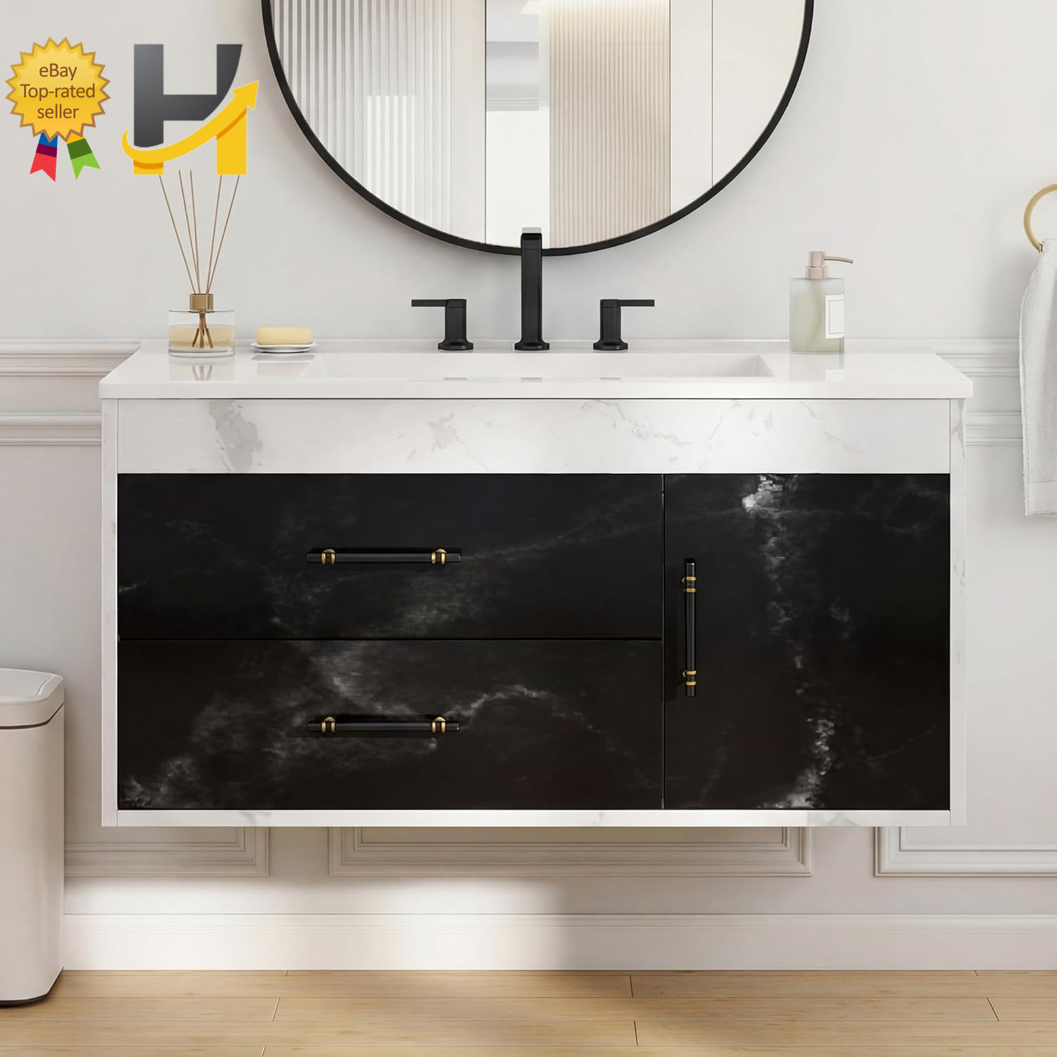 37″ Floating Bathroom Vanity with Sink Wall Mounted Cabinet Black White