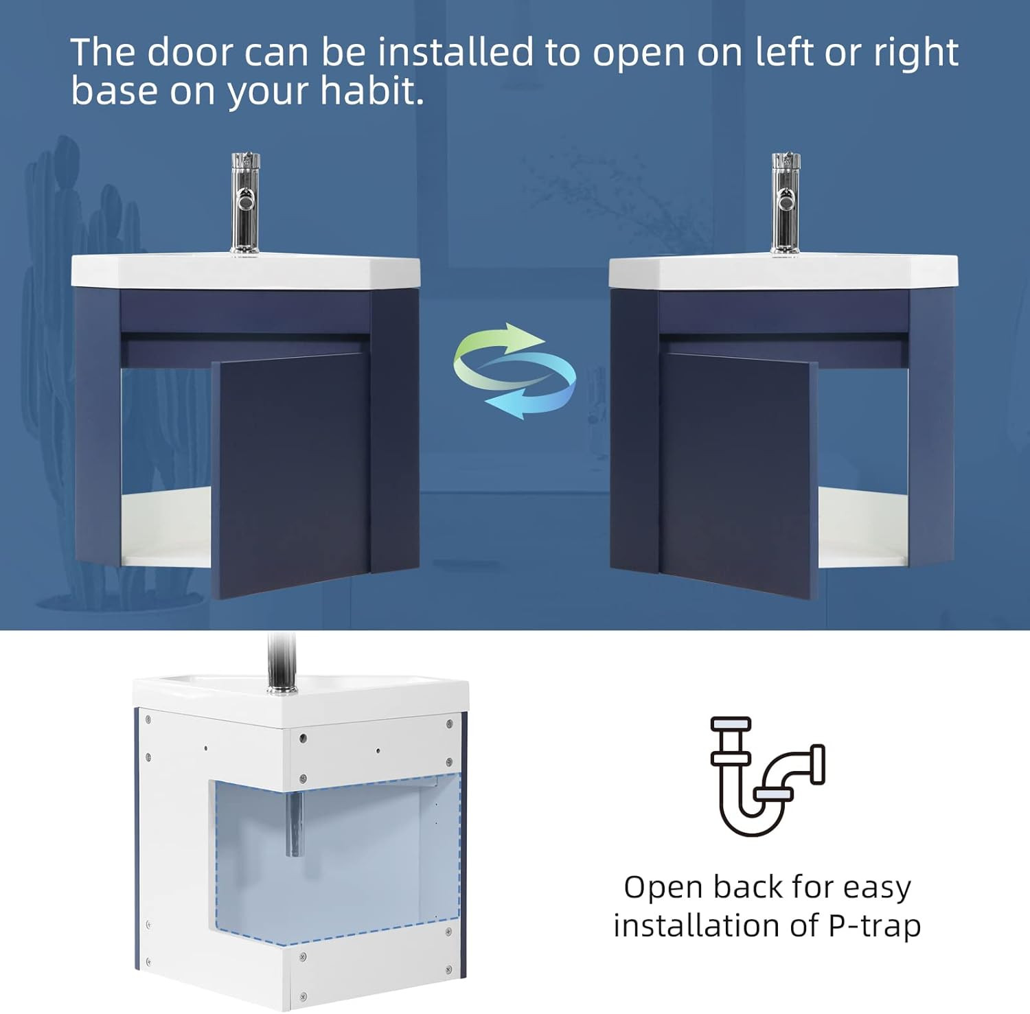 Navy 16″ Corner Bathroom Vanity Sink Combo with Chrome Faucet & Drain