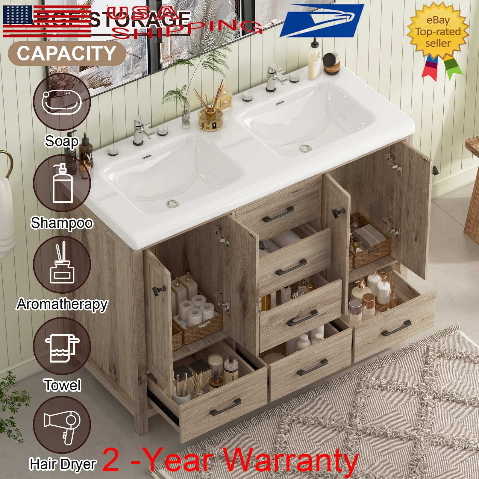47.3″ Bathroom Vanity With Double Sink Stoarge Drawers Cabinets No Mirror Faucet