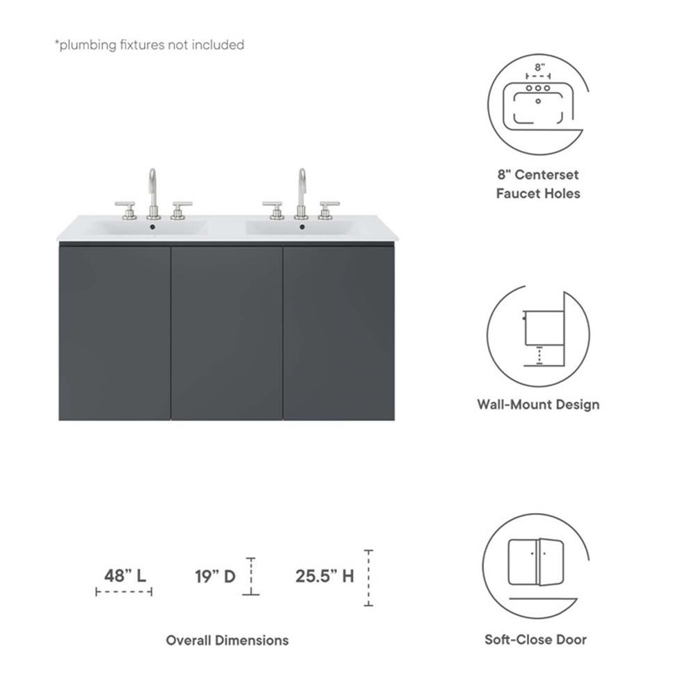 Pemberly Row 48″ Modern Wood/Ceramic Double Sink Bathroom Vanity in Gray/White