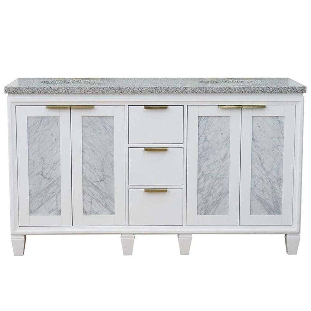 Pemberly Row 61″ Double Oval Sink Solid Wood Vanity in White/Gray Granite Stone
