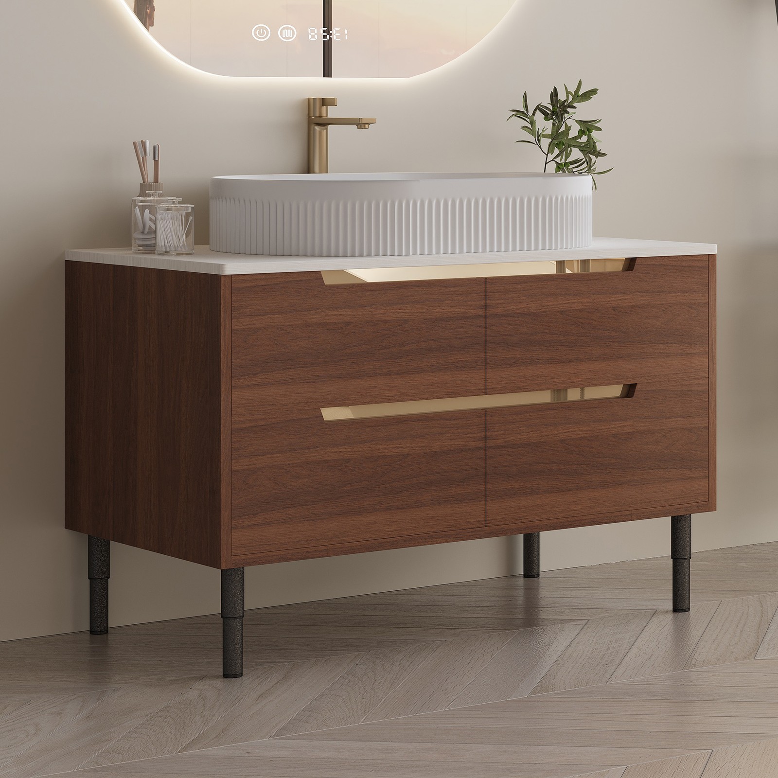 Bathroom Vanity w/Ceramic Integrated Sink, Storage Cabinet w/Soft-Close Drawers