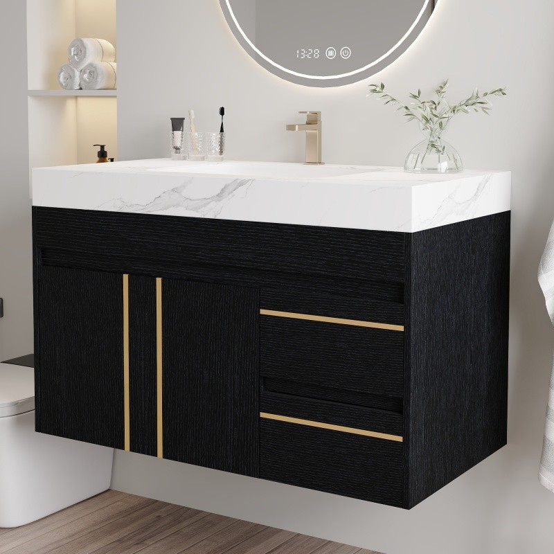 36″ Modern Floating Bathroom Vanity w/Integrated Ceramic Sink & Faux Marble Top
