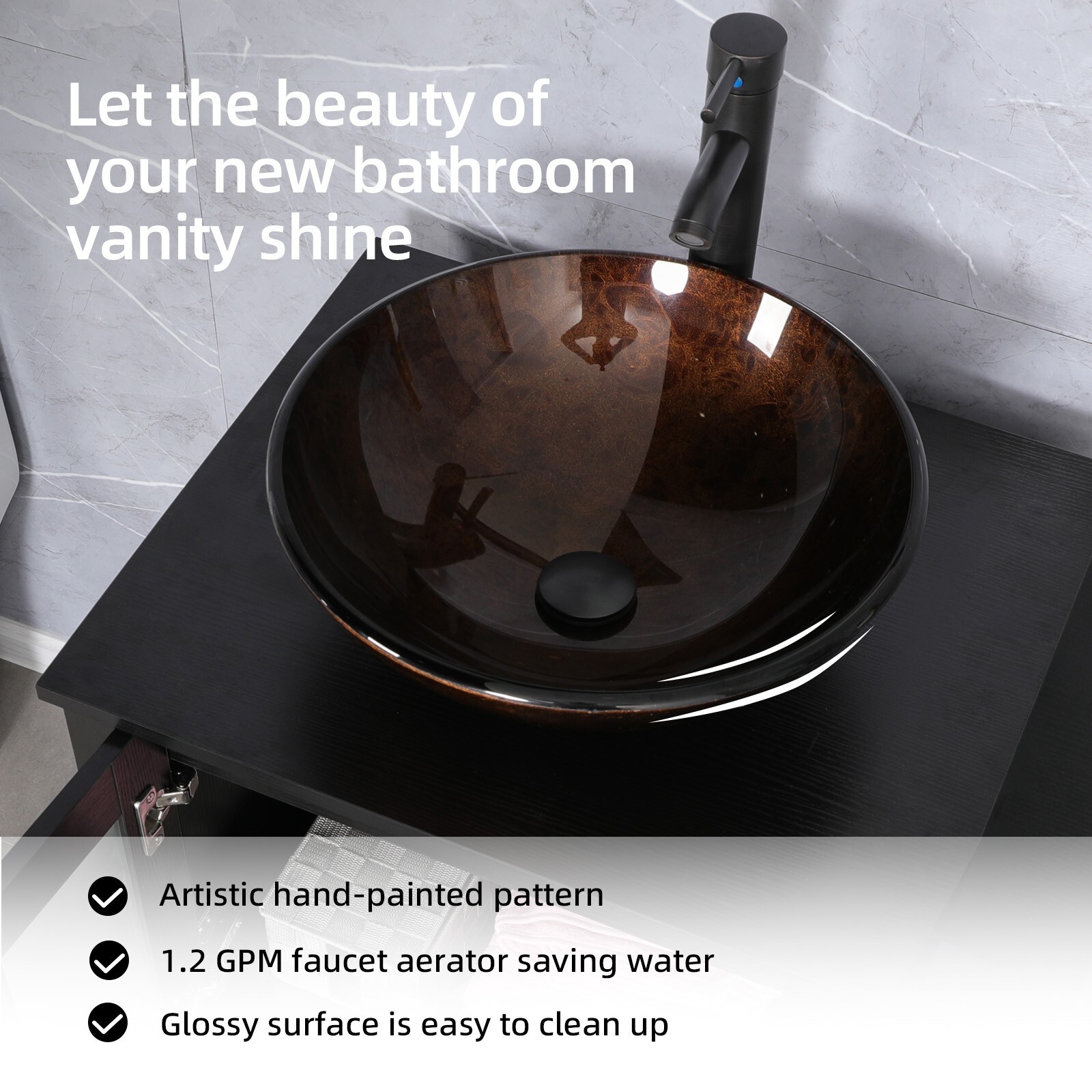 36″ Black Bathroom Vanity Set Small Cabinet Vessel Glass Sink Combo No Mirror