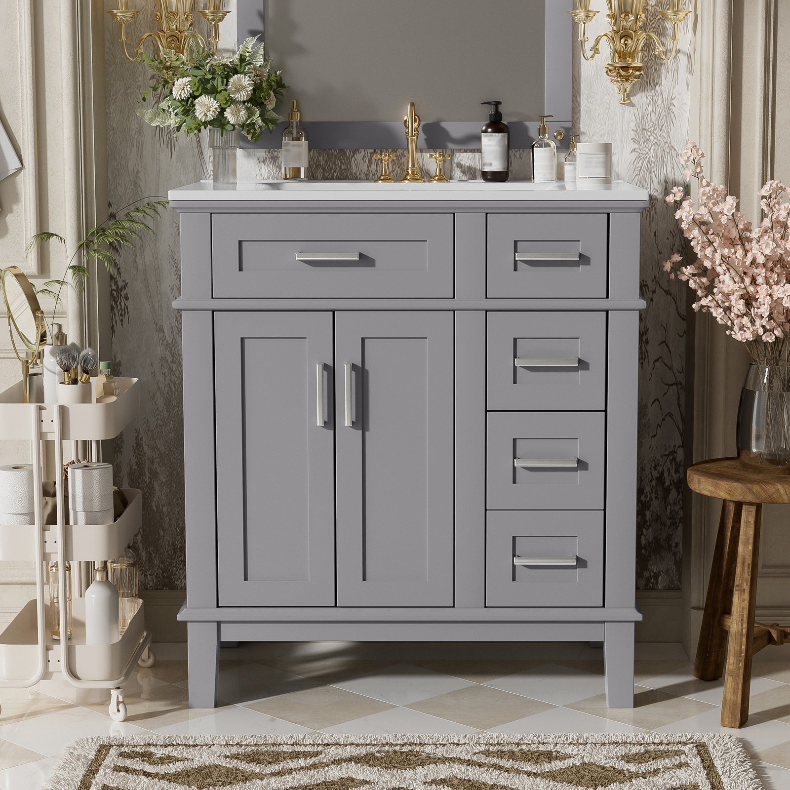 30″ Bathroom Vanity w/Ceramic Sink, Modern Storage Cabinet w/Soft-Close Doors