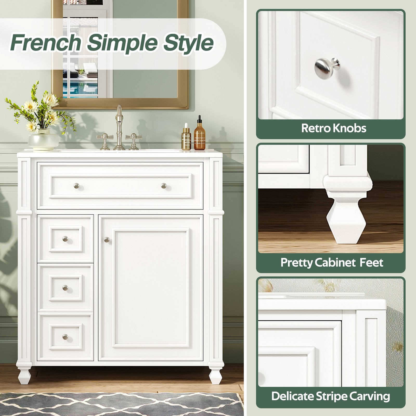 30 Inch Bathroom Vanity w/Ceramic Sink Basin, Storage Cabinet w/Soft Close Door