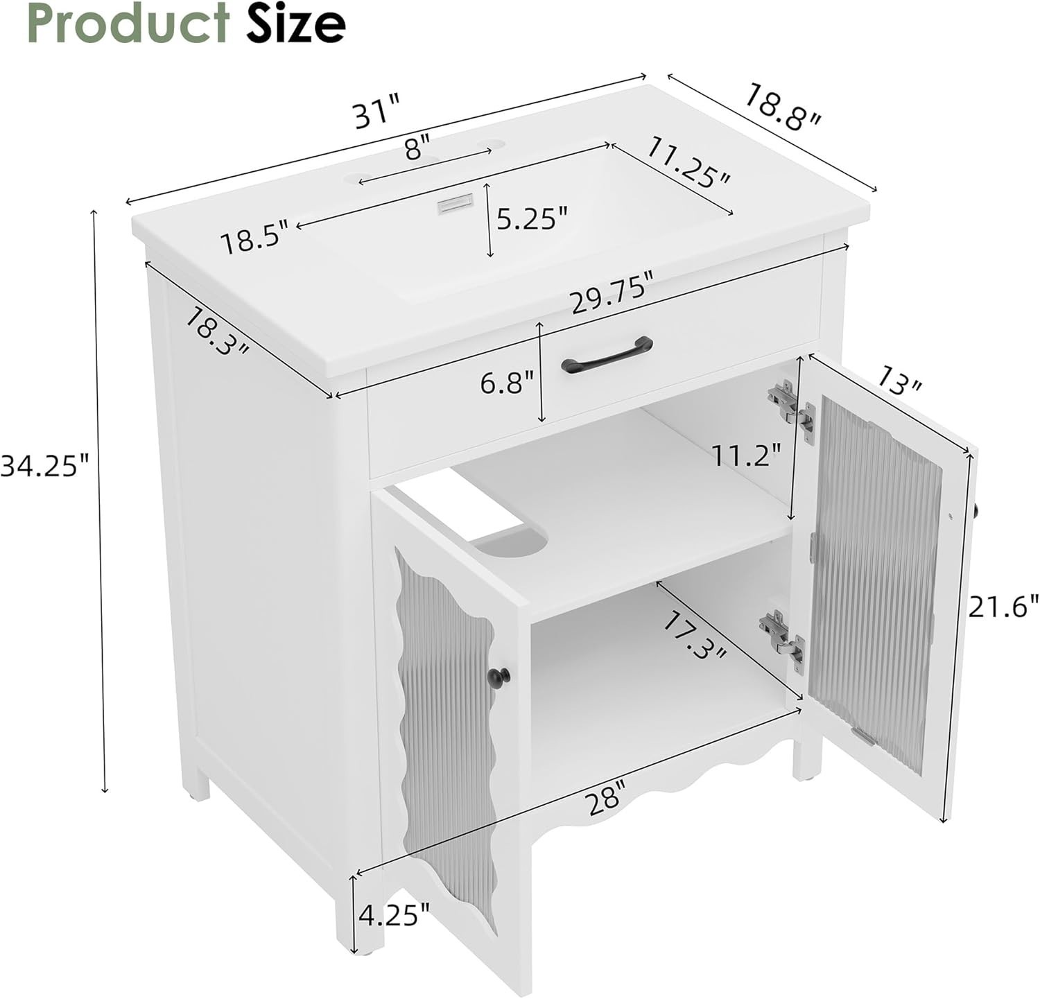 Practicality Bathroom Cabinet With Sink 31” Bathroom Vanity With Tempered Glass