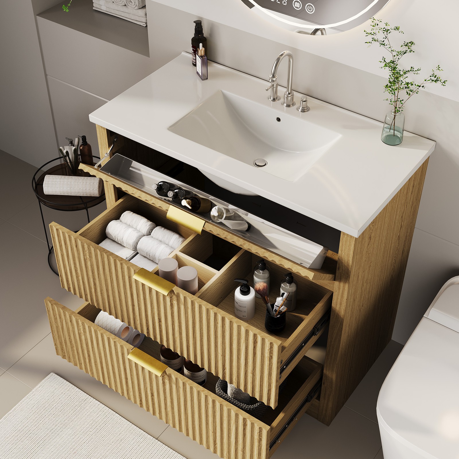 36” Fluted Bathroom Vanity Modern Freestanding Cabinet with Sink & 3 Drawers