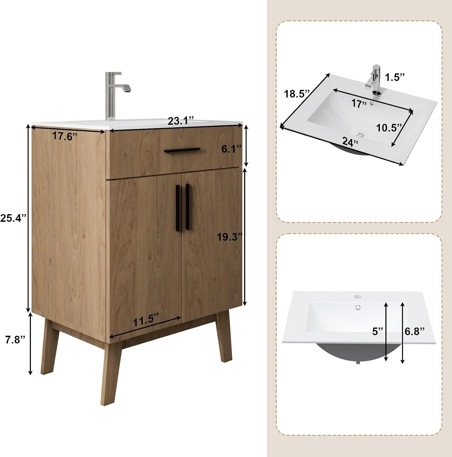 24″ Bathroom Vanity with Sink Vanity Combo with Two Soft Close Cabinet Doors