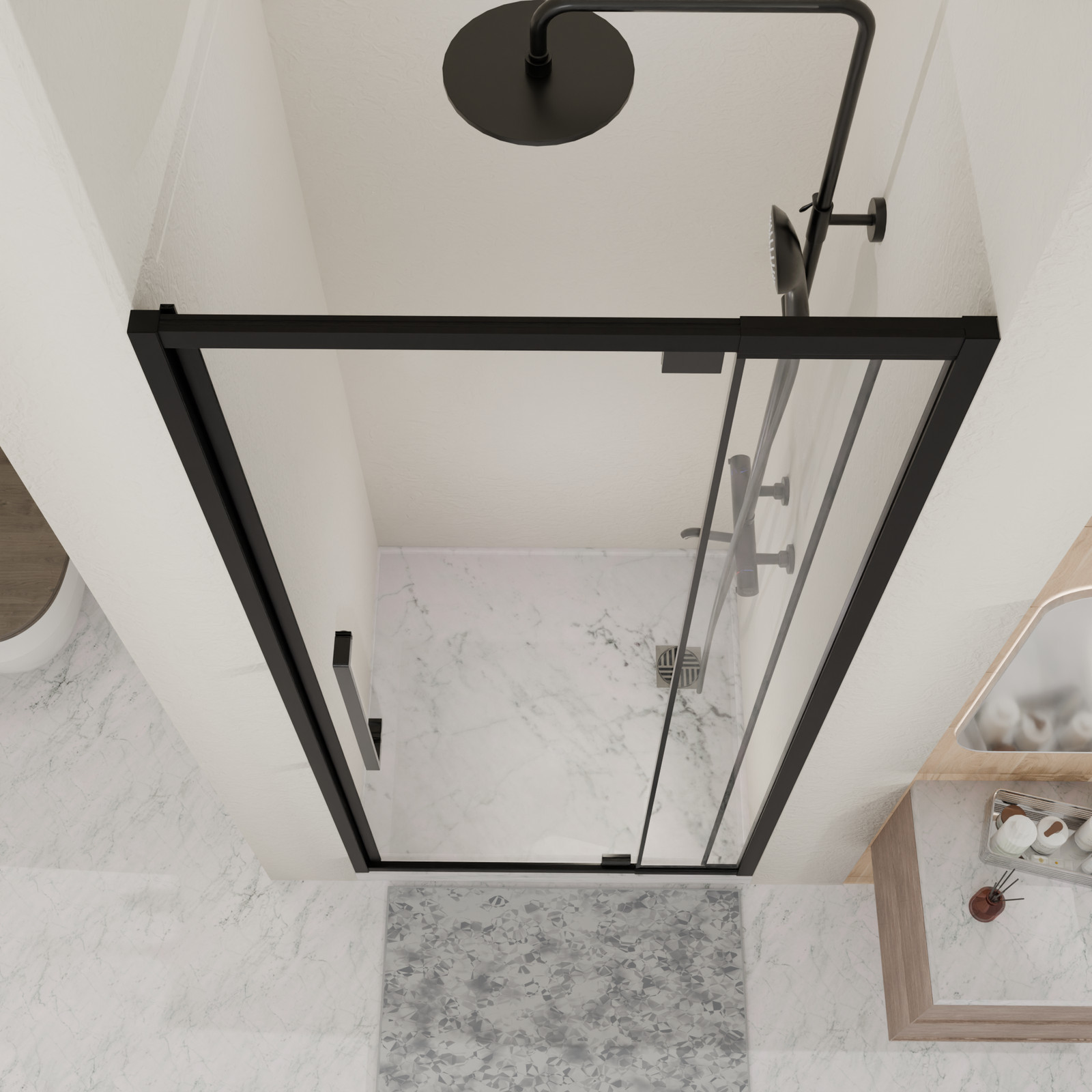Semi-Frameless Pivot Hinged Shower Door 44-48″W x 72″H Matte Black