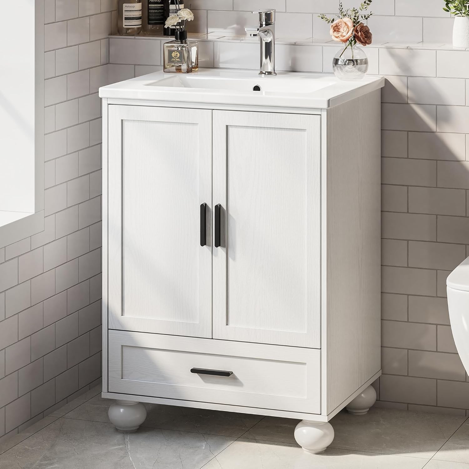 24″ Bathroom Vanity with Ceramic Sink, Small Bathroom Storage Cabinet, 2 Doors