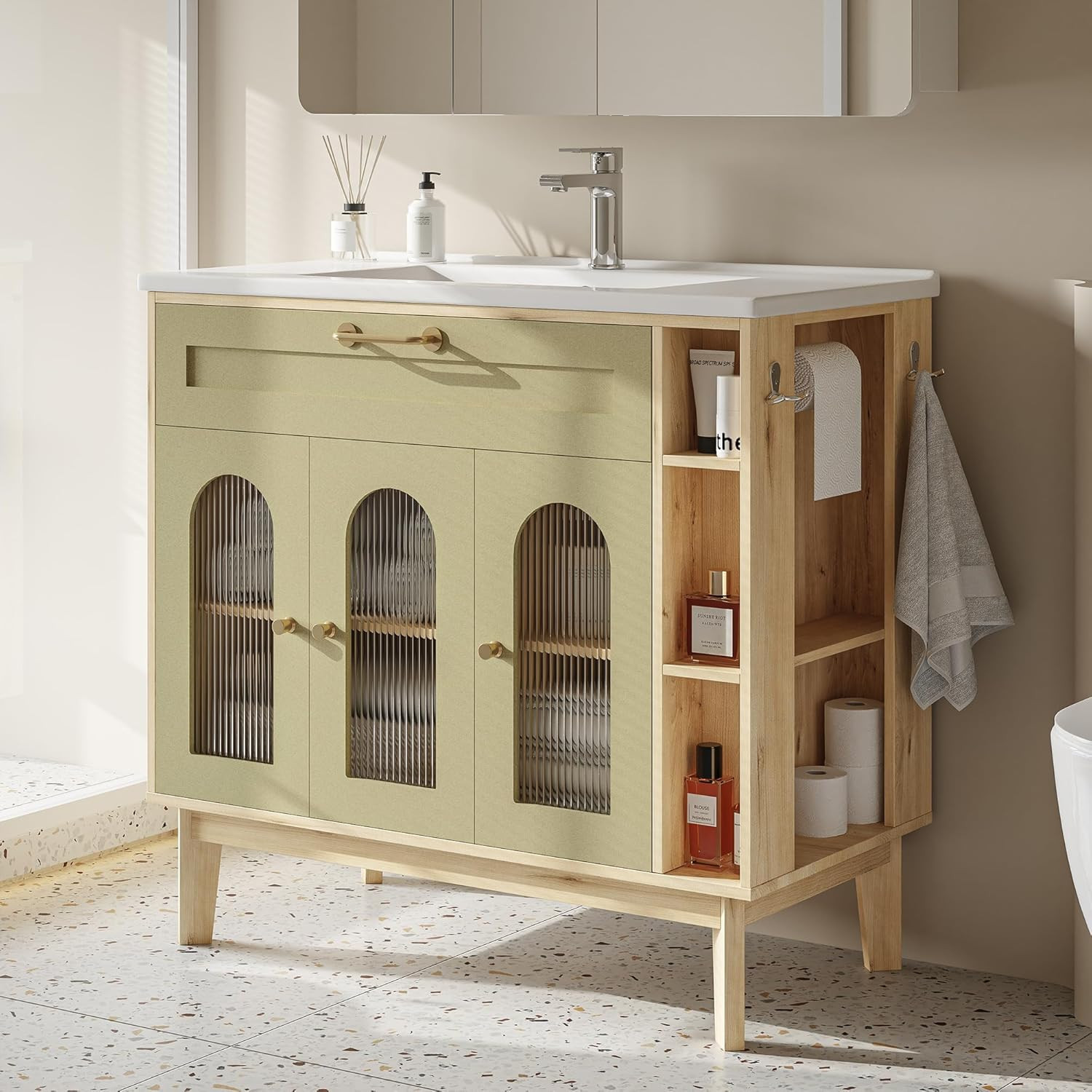 Elegant 36″ Bathroom Vanity with Sink, Glass Doors, Towel Bar & Storage Shelves