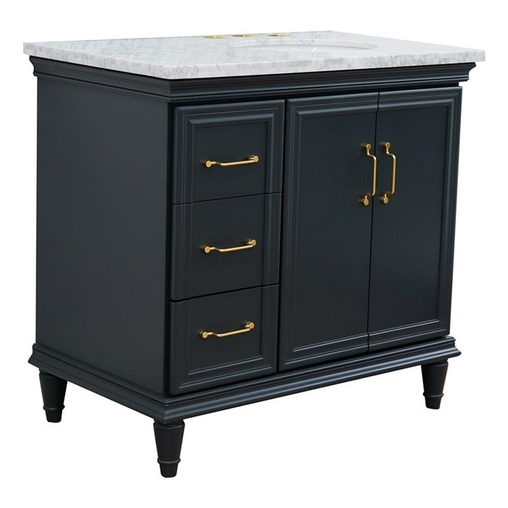 37 in. Single Wooden Vanity Dark Gray White Carrara Oval Right Door.Right Sink