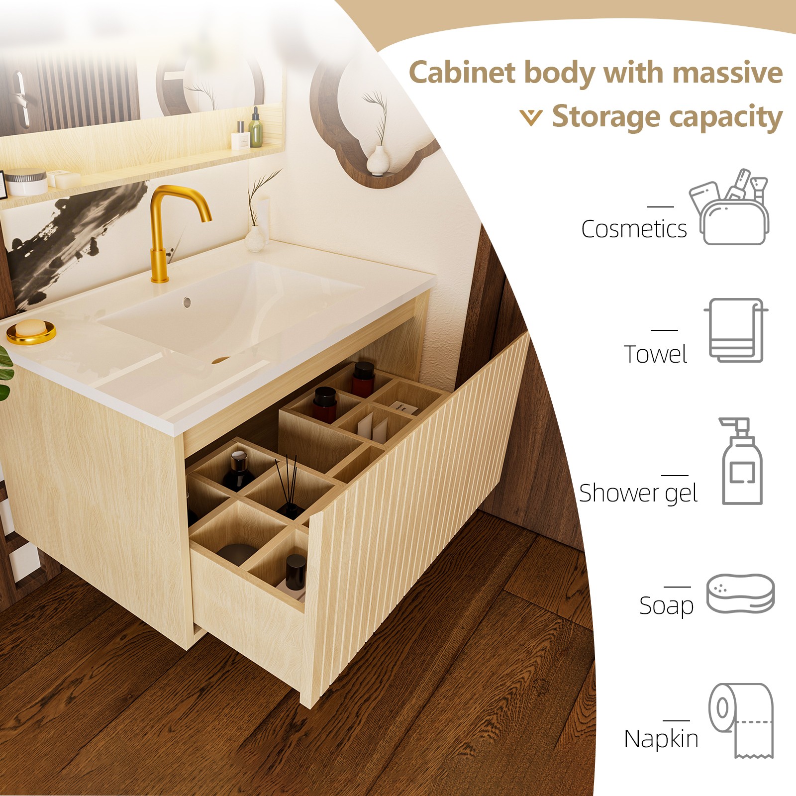 30″ Bathroom Vanity Cabinet w/Ceramic Sink Wall Mounted Floating Fluted Vanity