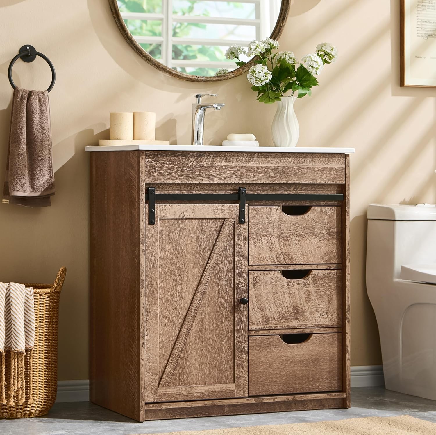 30″ Farmhouse Bathroom Vanity with Ceramic Sink Combo Freestanding Modern