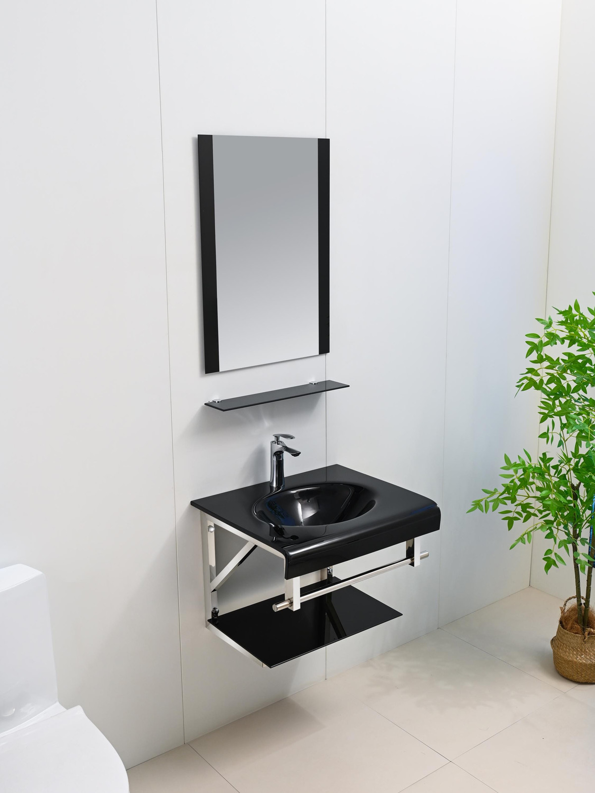 24″ Black Tempered Glass Sink Top Floating Bathroom Vanity Mirror Shelves combo