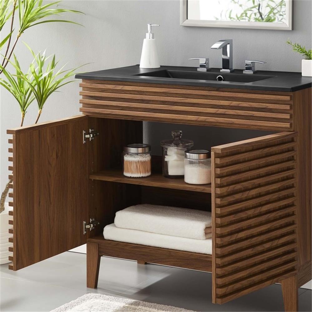 Modway Render Modern Wood/Ceramic Bathroom Vanity in Walnut/Black