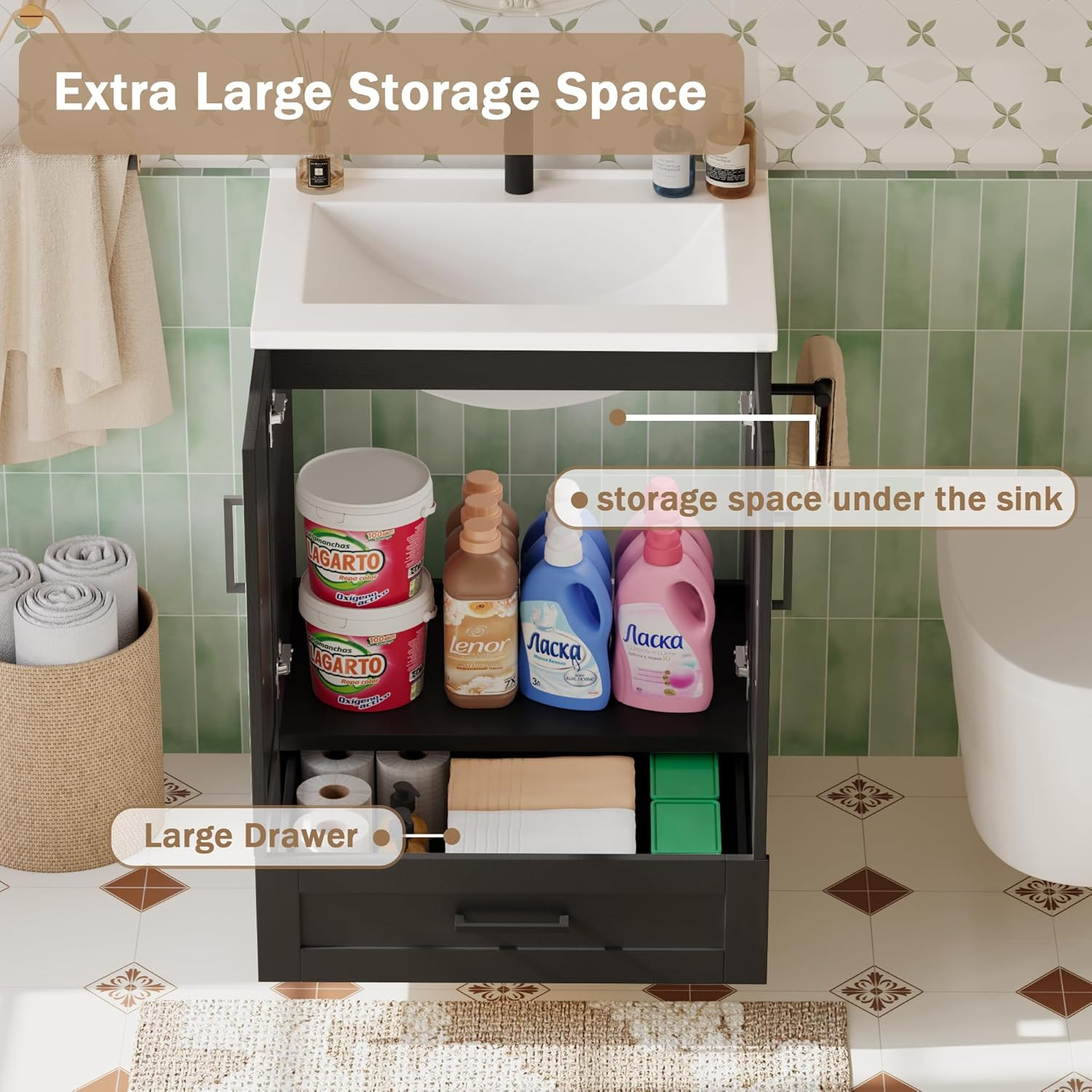 24″ Bathroom Vanity with Sink, Bathroom Storage Vanity Sink Cabinet with 2 Doors