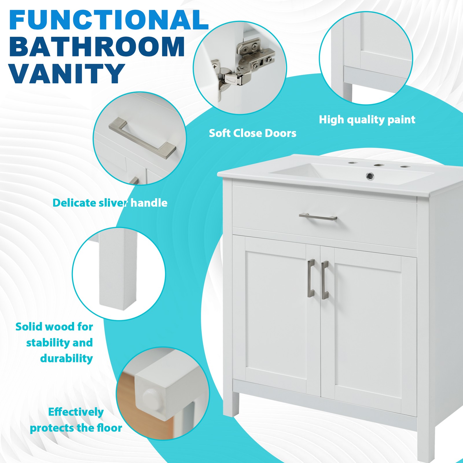 30-Inch Bathroom Vanity with Ceramic Sink, White, Solid Wood MDF