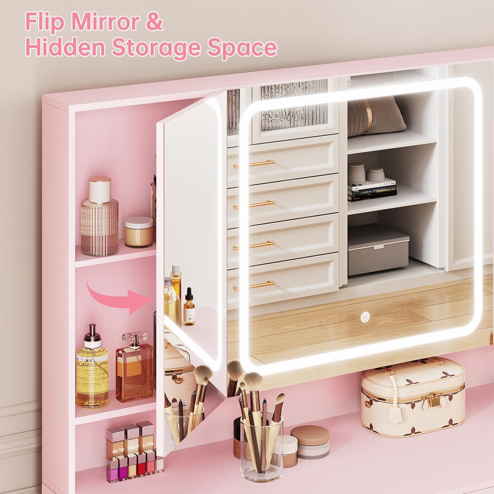 Pink Vanity Desk with Tri-Folding Mirror and Lights 7 Drawers Stool Power Outlet