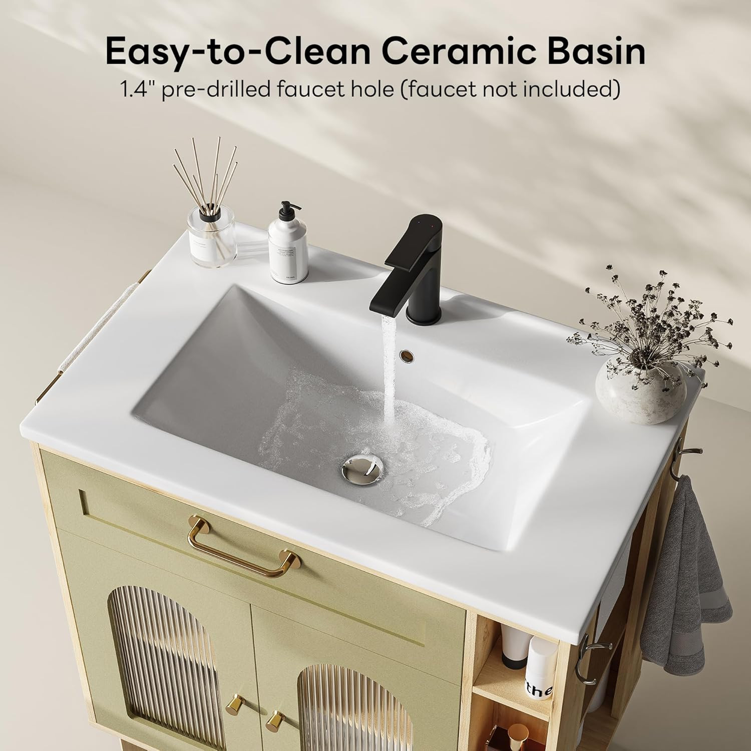 30″ Bathroom Vanity with Sink & Storage, Solid Wood Legs, Towel Bar Included