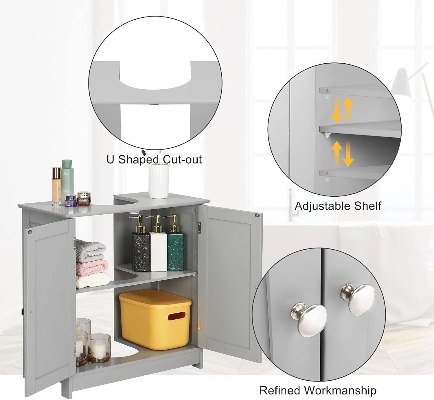 Durable Freestanding Under Sink Cabinet with Adjustable Shelf – Grey Finish