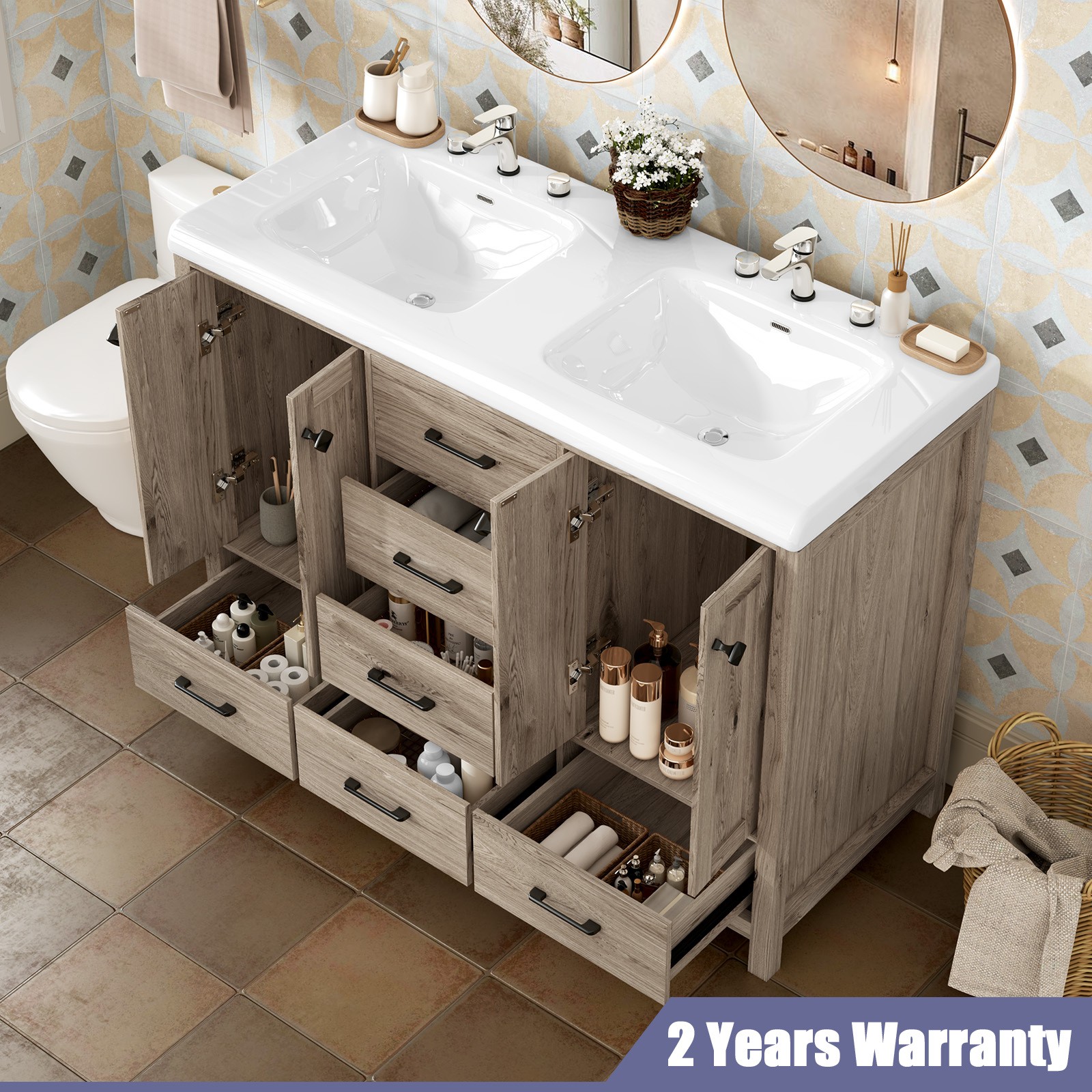 Bathroom Vanity Cabinet with Double Sink Vanity with Ceramic Sink Freestanding