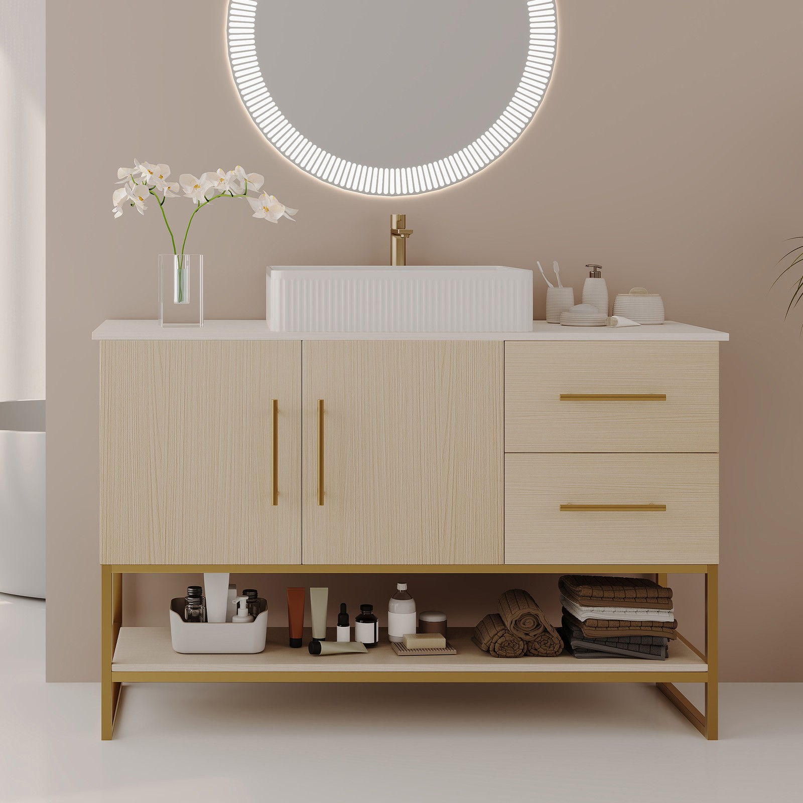 47.2″ Bathroom Vanity with Ceramic Sink, Gold Accent, White Oak