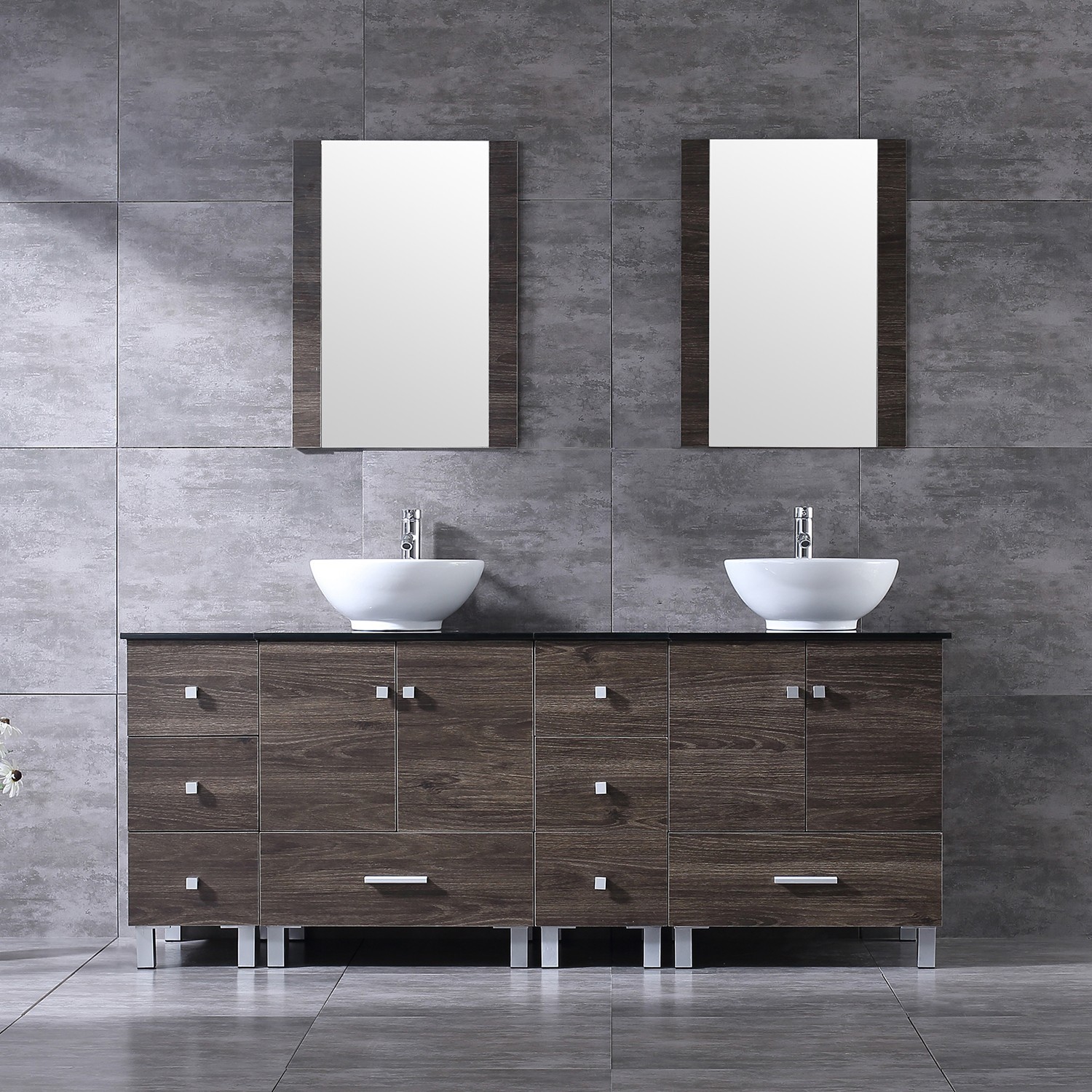 72 inch Double Sink Bathroom Vanity Cabinet Ceramic Vessel Sink w/Mirror Faucet