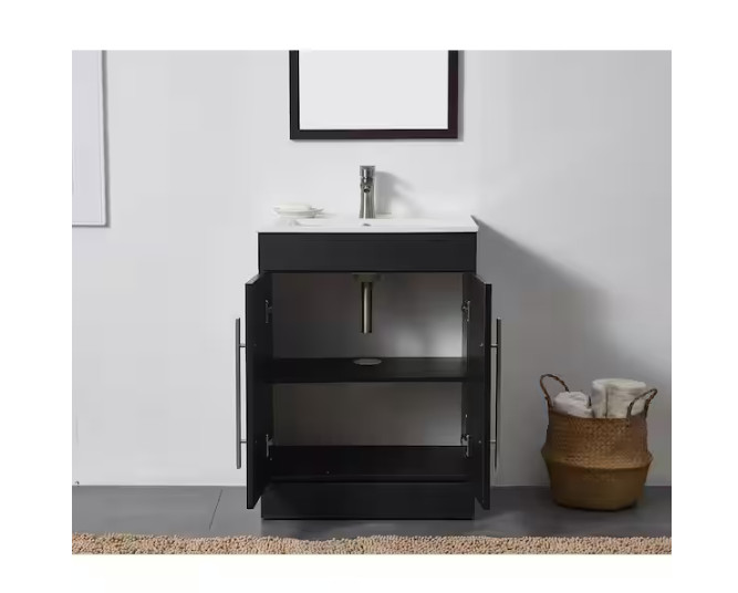 24 in. W x 16 in. D x32 in. H 2 Doors Bathroom Vanity in Black with White Cerami