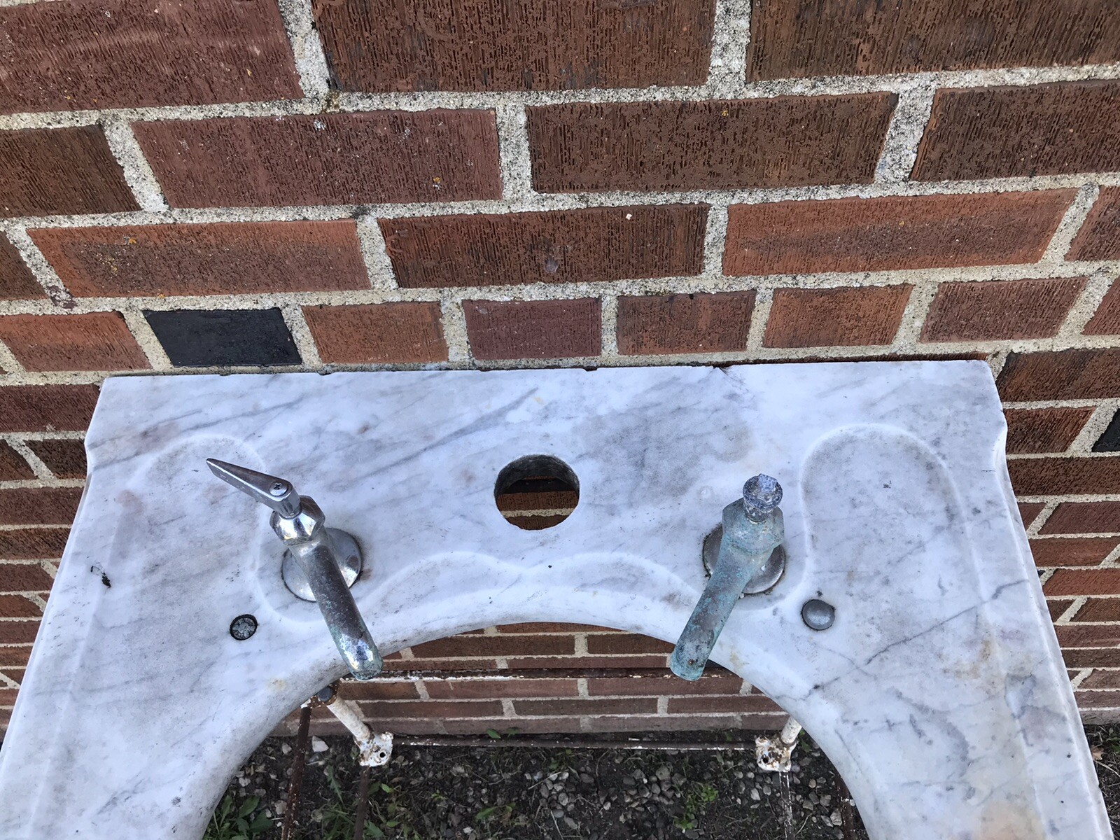 ANTIQUE VTG IRON VANITY WITH MARBLE TOP BATH SINK STAND 24 WIDE X 22 DEEP X 32”