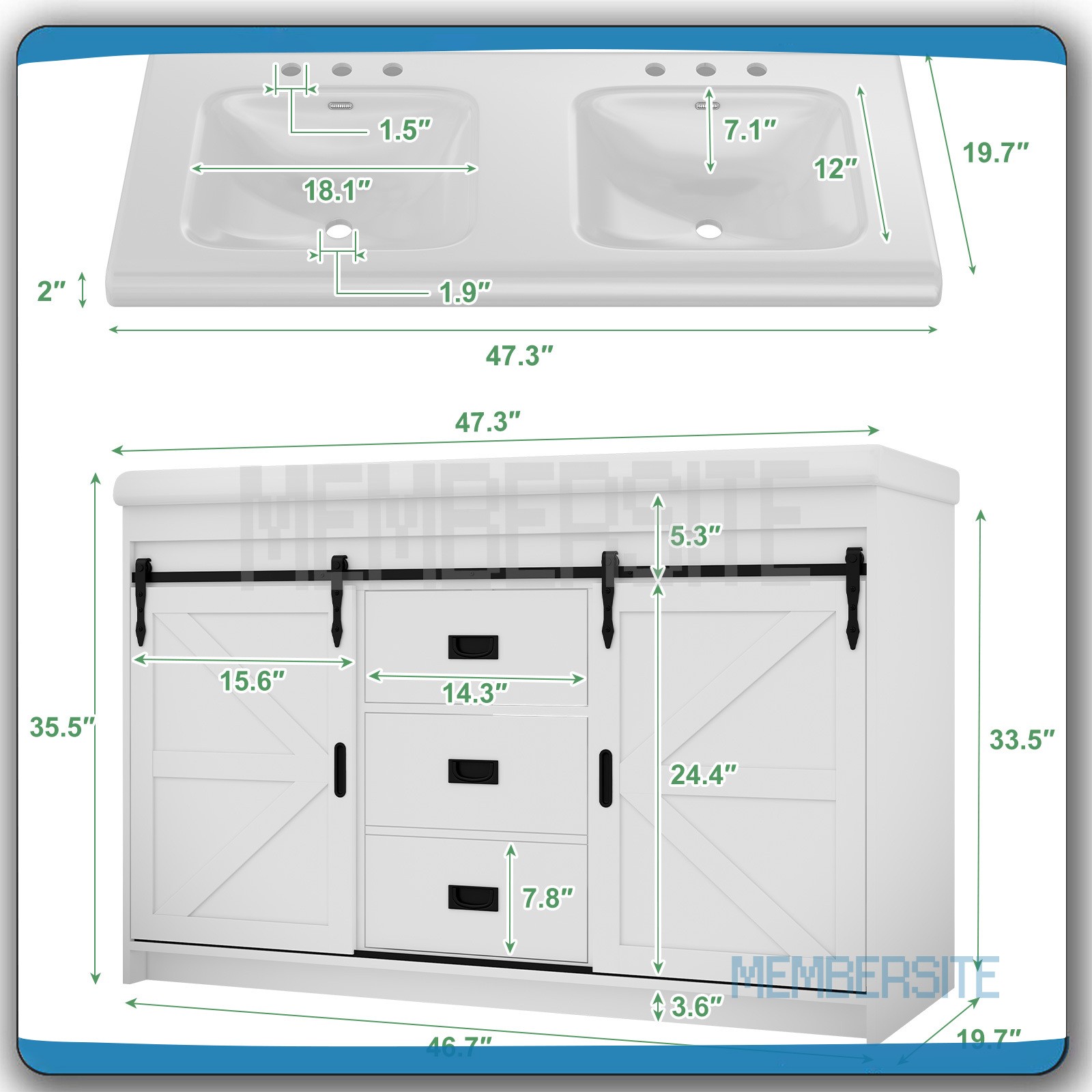 Bathroom Vanity Cabinet ,47.3″ Ceramic Sink ,Bathroom Vanity and 2 Sliding Doors