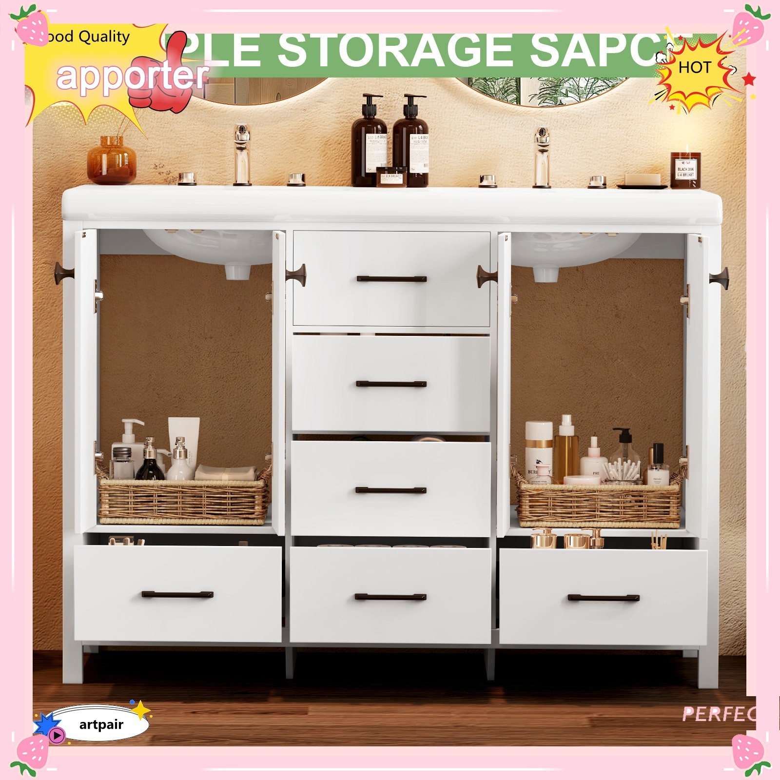 Yamissi Freestanding Bathroom Cabinet 47” with 5Drawers and Cabinet Double-Sink