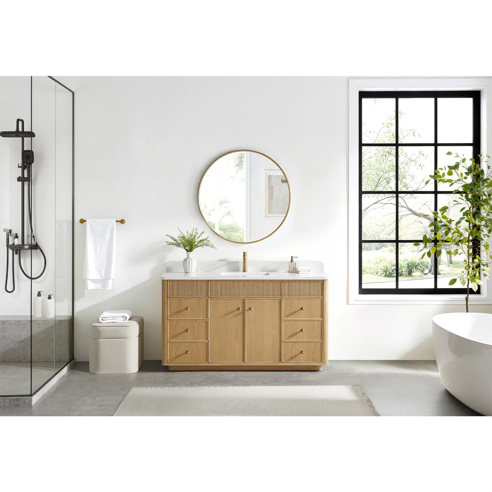 Zogno 60″ Solid Wood Single Bath Vanity in Washed Ash Gray with White Stone Top
