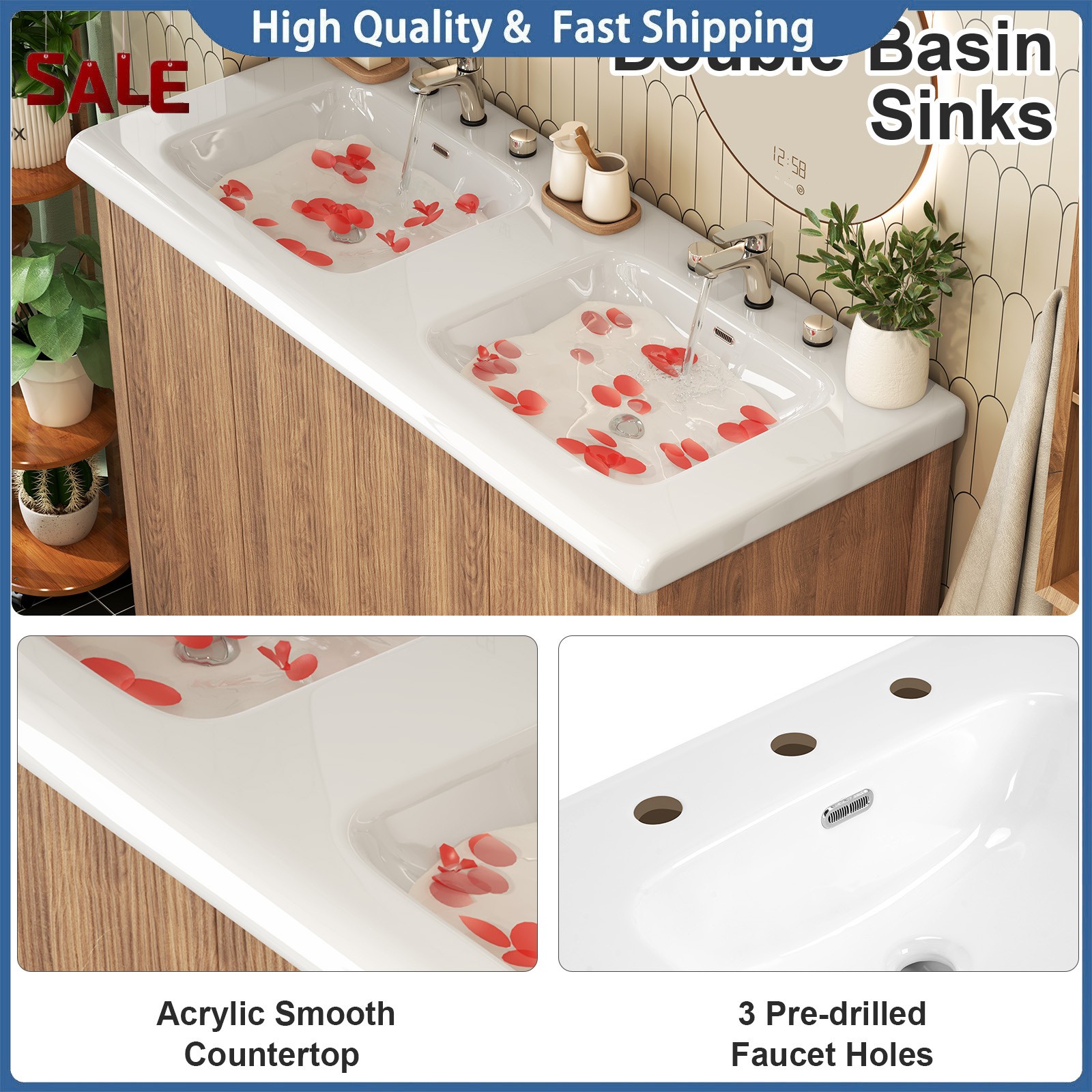 47″ Large Bathroom Vanity Double Ceramic Sink Freestanding Cabinet Storage