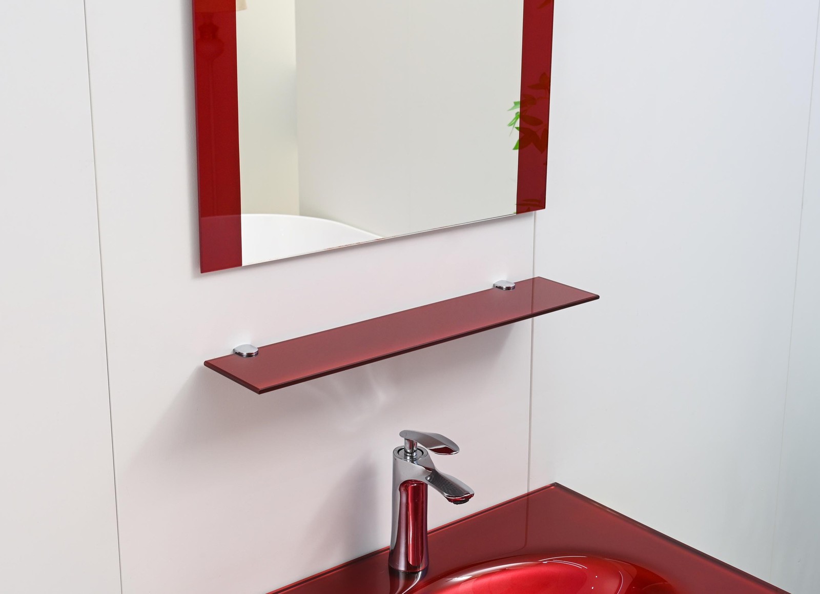 24″ Modern Red Glass Bathroom Vanity Floating Glass top/ sink Mirror Shelves set