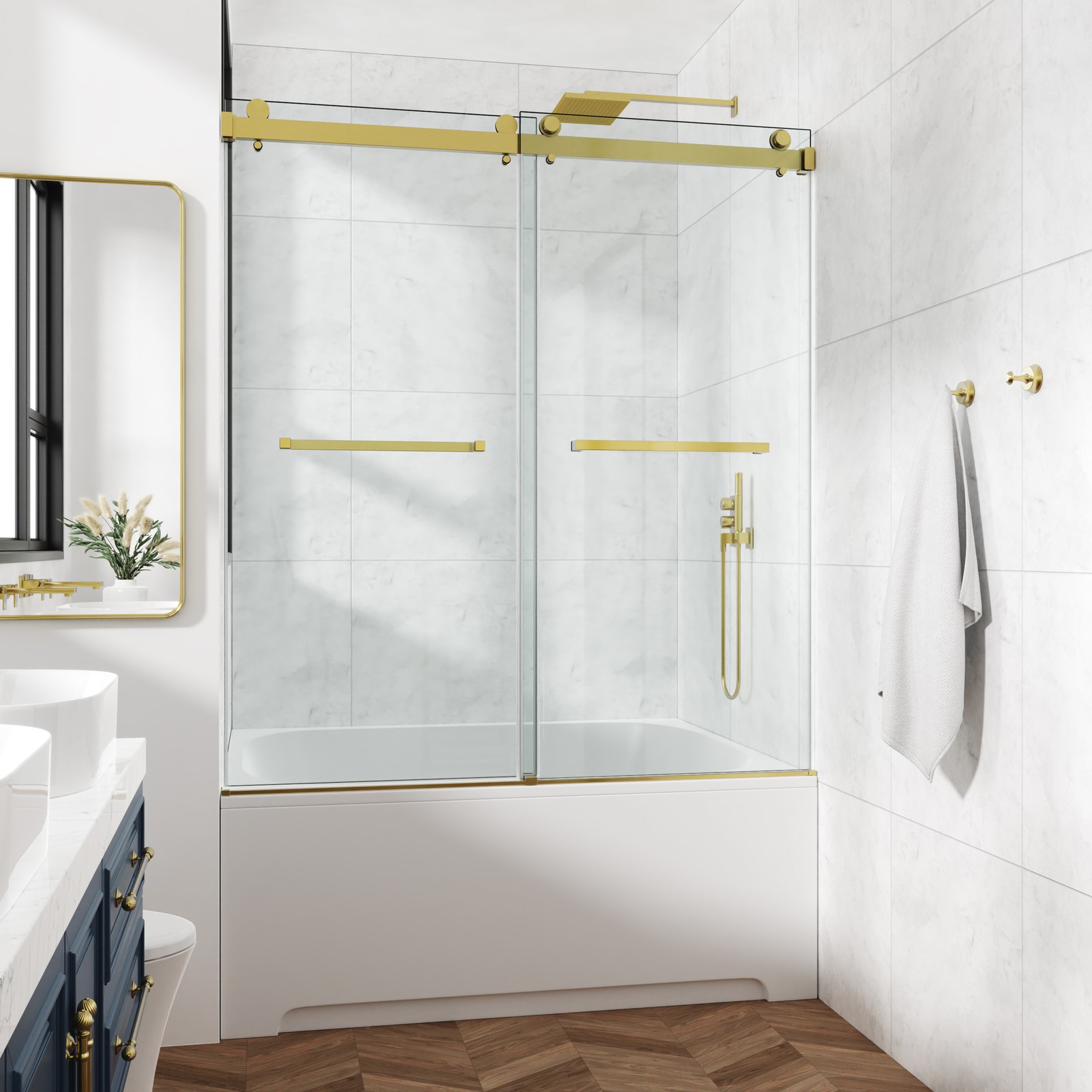 60″x72″ Frameless Glass Shower Door for Double Opening, Gold, 3/8″ Tempered