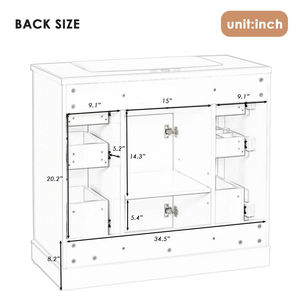 36″ Bathroom Vanity without Sink, Cabinet Base Only, One Cabinet and Six Drawers