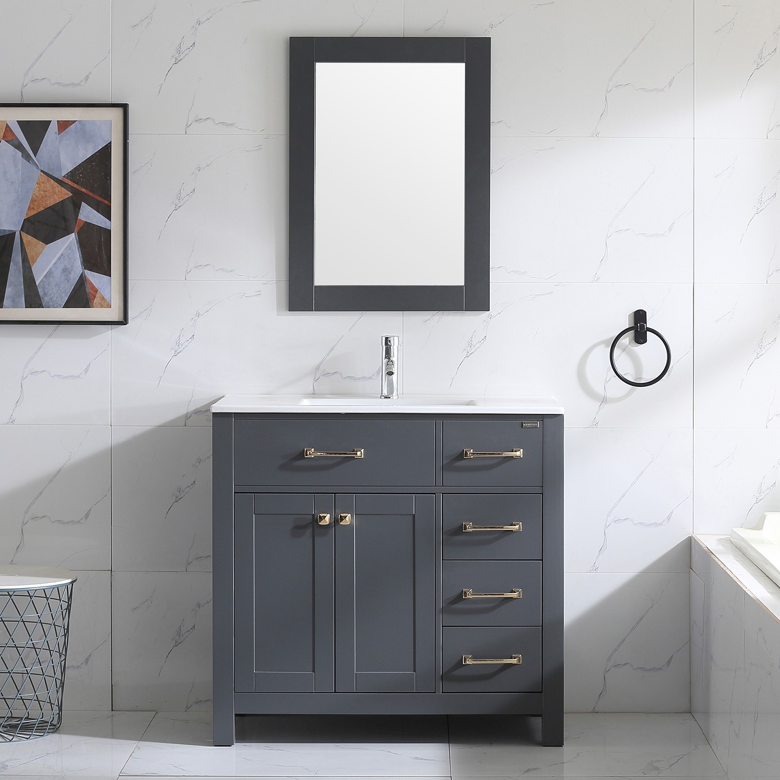 36 Inch Bathroom Vanity w/Mirror, Gray Painting Cabinet Base No Sink Included