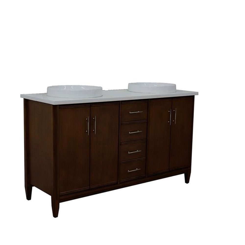 Pemberly Row 61″ Double Round Sink Vanity with White Quartz Stone in Walnut