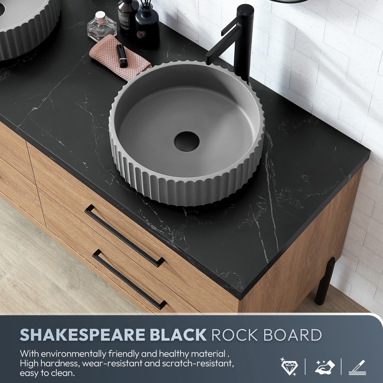 Trento 72″ Double Bath Vanity with Black Sintered Stone Top with Concrete Sink