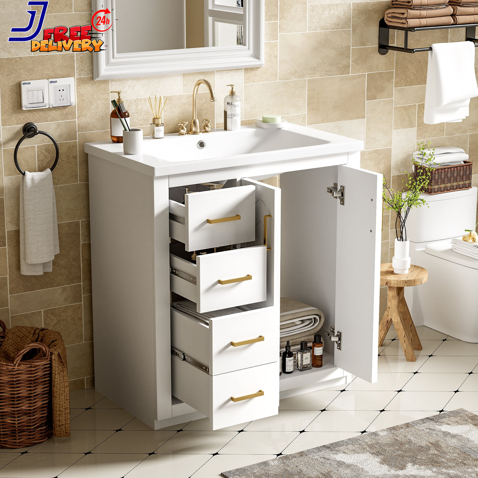 30” Bathroom Vanity w/Ceramic Sink Combo Solid Wood Frame Bathroom Storage Cabi